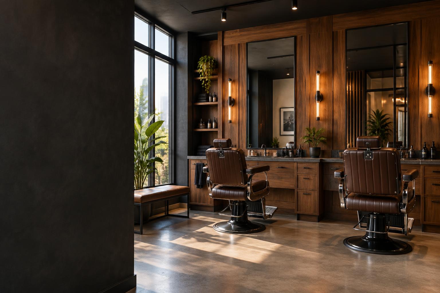 Interior ilustrativo da Barbearia Vértice, com cadeiras de couro e espelhos